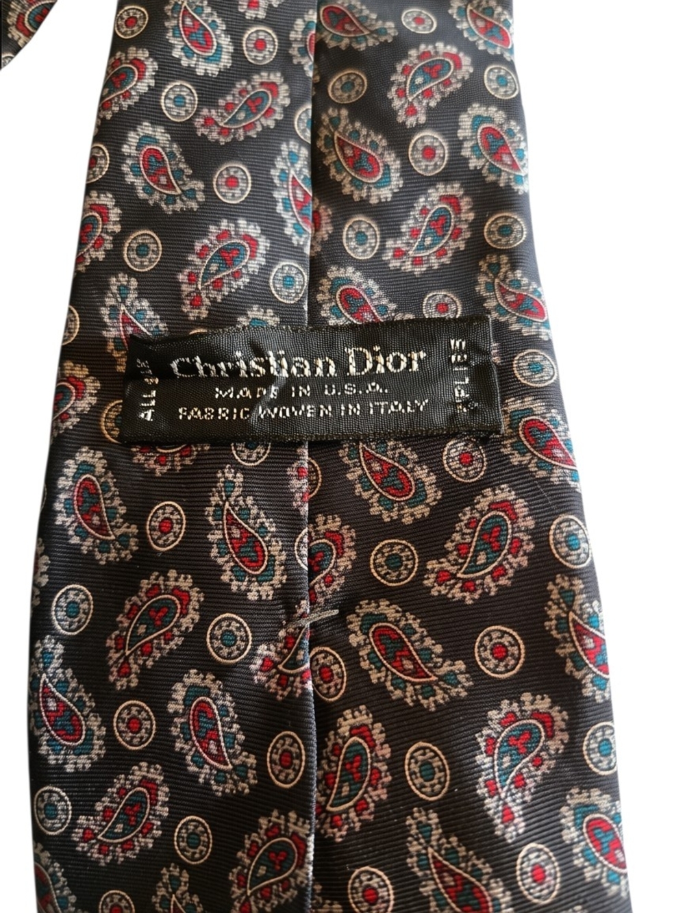 Vintage Dior Black Silk Paisley Tie with Red Accents